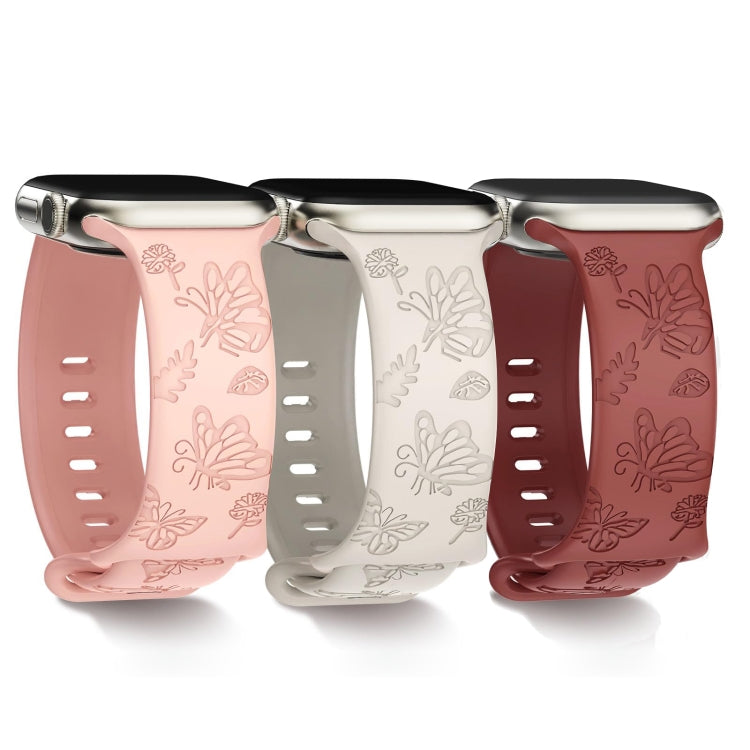 For Apple Watch 38mm Butterfly Flower Embossed Silicone Watch Band(Brick Red)