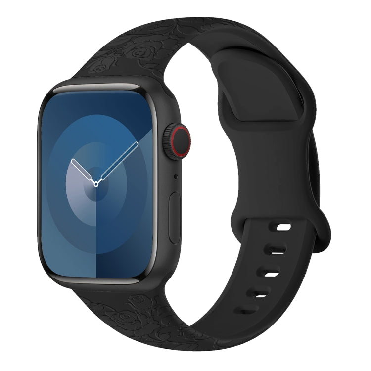 For Apple Watch Series 9 45mm Rose Embossed Silicone Watch Band(Black)
