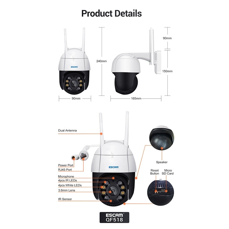 ESCAM QF518 5MP Smart WiFi IP Camera, Support AI Humanoid Detection / Auto Tracking / Dual Light Night Vision / Cloud Storage / Two Way Audio / TF Card, Plug:US Plug(White)
