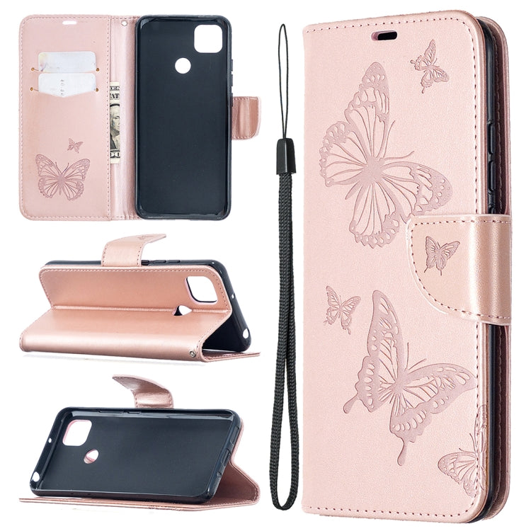 For Xiaomi Redmi 9C Two Butterflies Embossing Pattern Horizontal Flip Leather Case with Holder & Card Slot & Wallet & Lanyard(Rose Gold)