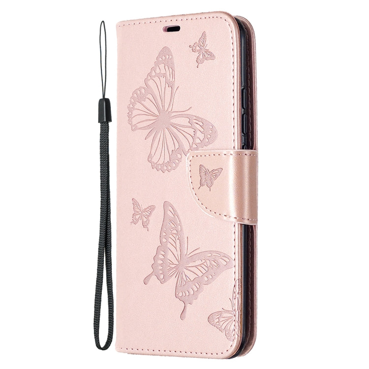 For Xiaomi Redmi 9C Two Butterflies Embossing Pattern Horizontal Flip Leather Case with Holder & Card Slot & Wallet & Lanyard(Rose Gold)