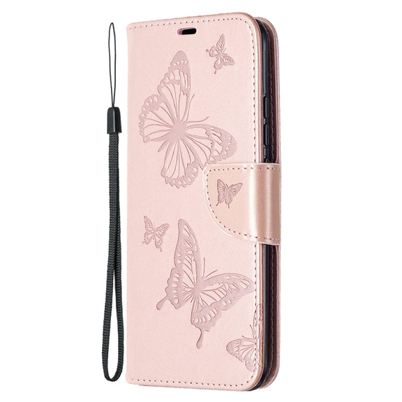 For Xiaomi Redmi 9C Two Butterflies Embossing Pattern Horizontal Flip Leather Case with Holder & Card Slot & Wallet & Lanyard(Rose Gold)