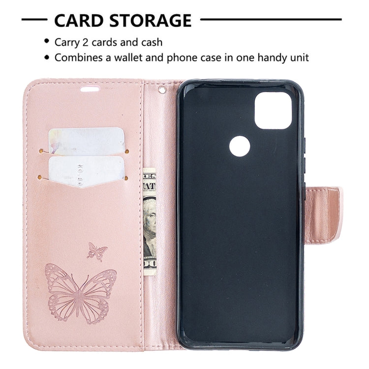 For Xiaomi Redmi 9C Two Butterflies Embossing Pattern Horizontal Flip Leather Case with Holder & Card Slot & Wallet & Lanyard(Rose Gold)