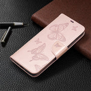 For Xiaomi Redmi 9C Two Butterflies Embossing Pattern Horizontal Flip Leather Case with Holder & Card Slot & Wallet & Lanyard(Rose Gold)