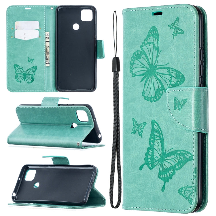 For Xiaomi Redmi 9C Two Butterflies Embossing Pattern Horizontal Flip Leather Case with Holder & Card Slot & Wallet & Lanyard(Green)