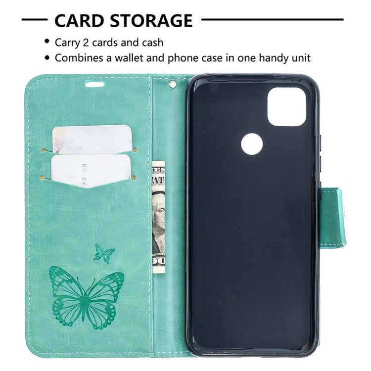For Xiaomi Redmi 9C Two Butterflies Embossing Pattern Horizontal Flip Leather Case with Holder & Card Slot & Wallet & Lanyard(Green)