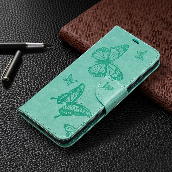 For Xiaomi Redmi 9C Two Butterflies Embossing Pattern Horizontal Flip Leather Case with Holder & Card Slot & Wallet & Lanyard(Green)