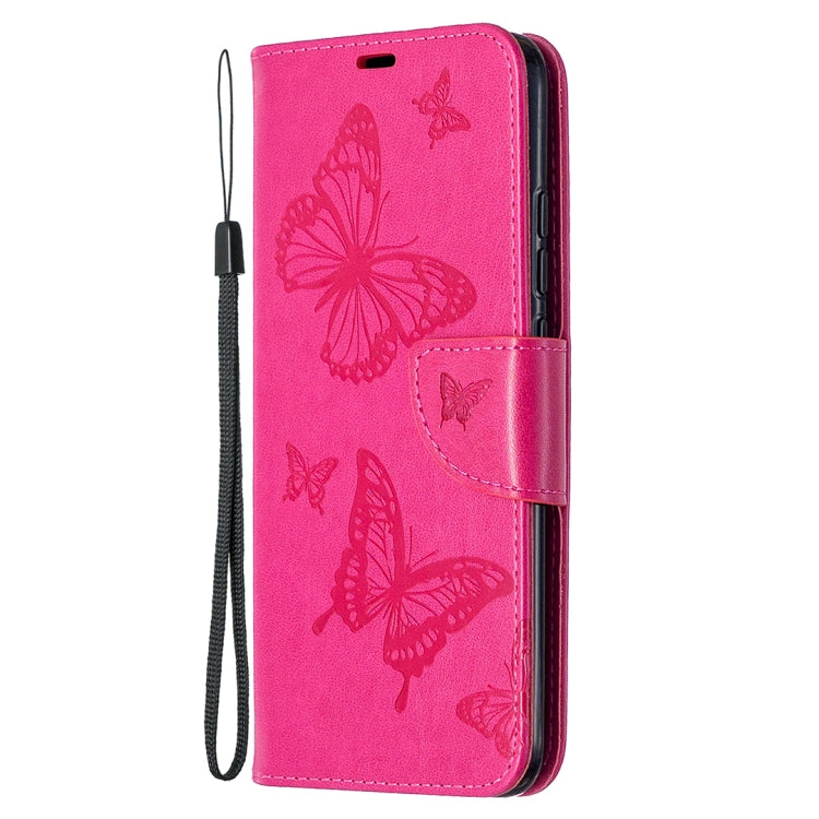 For Xiaomi Redmi 9C Two Butterflies Embossing Pattern Horizontal Flip Leather Case with Holder & Card Slot & Wallet & Lanyard(Rose Red)