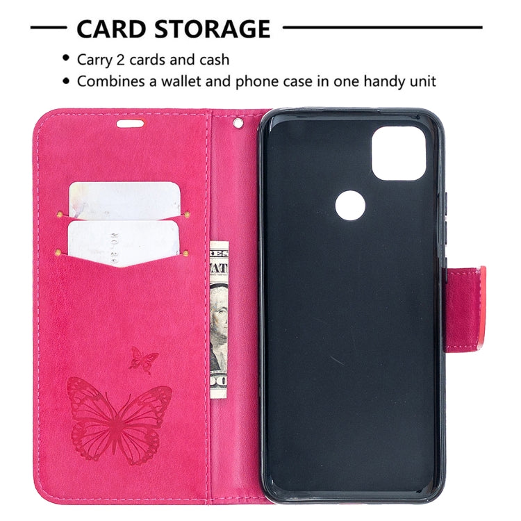 For Xiaomi Redmi 9C Two Butterflies Embossing Pattern Horizontal Flip Leather Case with Holder & Card Slot & Wallet & Lanyard(Rose Red)
