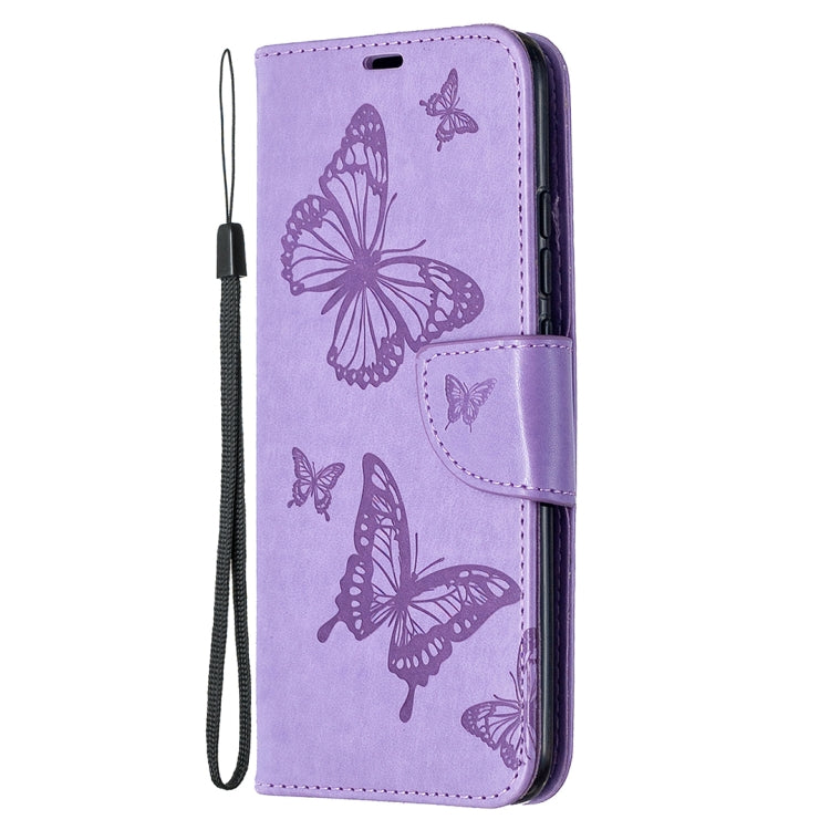 For Xiaomi Redmi 9C Two Butterflies Embossing Pattern Horizontal Flip Leather Case with Holder & Card Slot & Wallet & Lanyard(Purple)