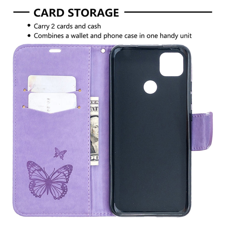 For Xiaomi Redmi 9C Two Butterflies Embossing Pattern Horizontal Flip Leather Case with Holder & Card Slot & Wallet & Lanyard(Purple)