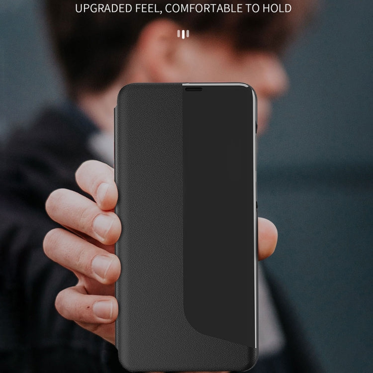 For Huawei Mate 20 Pro Side Display Shockproof Horizontal Flip Leather Case with Holder & Call Answering Function & Sleep / Wake-up(Black)