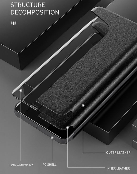 For Huawei Mate 20 Pro Side Display Shockproof Horizontal Flip Leather Case with Holder & Call Answering Function & Sleep / Wake-up(Black)