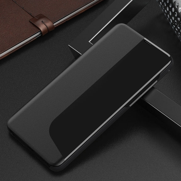For Huawei Mate 20 Pro Side Display Shockproof Horizontal Flip Leather Case with Holder & Call Answering Function & Sleep / Wake-up(Black)