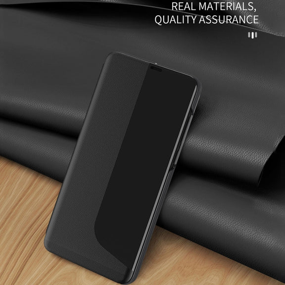 For Huawei Mate 20 Pro Side Display Shockproof Horizontal Flip Leather Case with Holder & Call Answering Function & Sleep / Wake-up(Black)