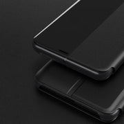 For Huawei Mate 20 Pro Side Display Shockproof Horizontal Flip Leather Case with Holder & Call Answering Function & Sleep / Wake-up(Black)