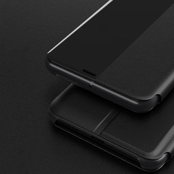For Huawei Mate 20 Pro Side Display Shockproof Horizontal Flip Leather Case with Holder & Call Answering Function & Sleep / Wake-up(Black)