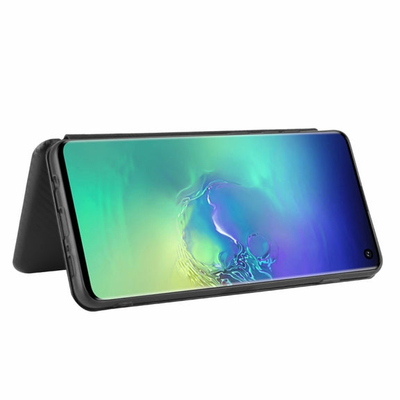 For Samsung Galaxy S10 Carbon Fiber Texture Horizontal Flip TPU + PC + PU Leather Case with Rope & Card Slot(Black)