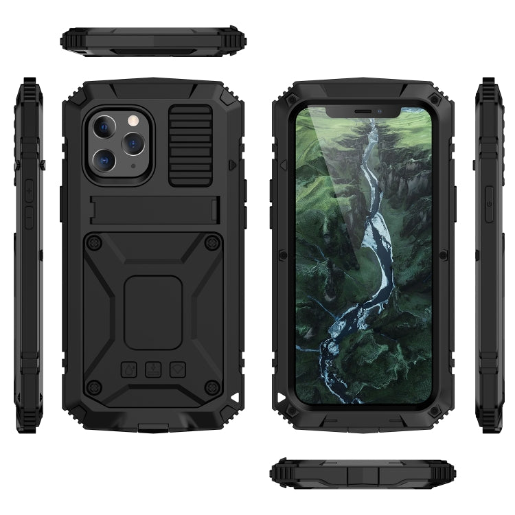For iPhone 12 Pro Max R-JUST Shockproof Water-resistant Dust-proof Metal + Silicone Protective Case with Holder(Black)