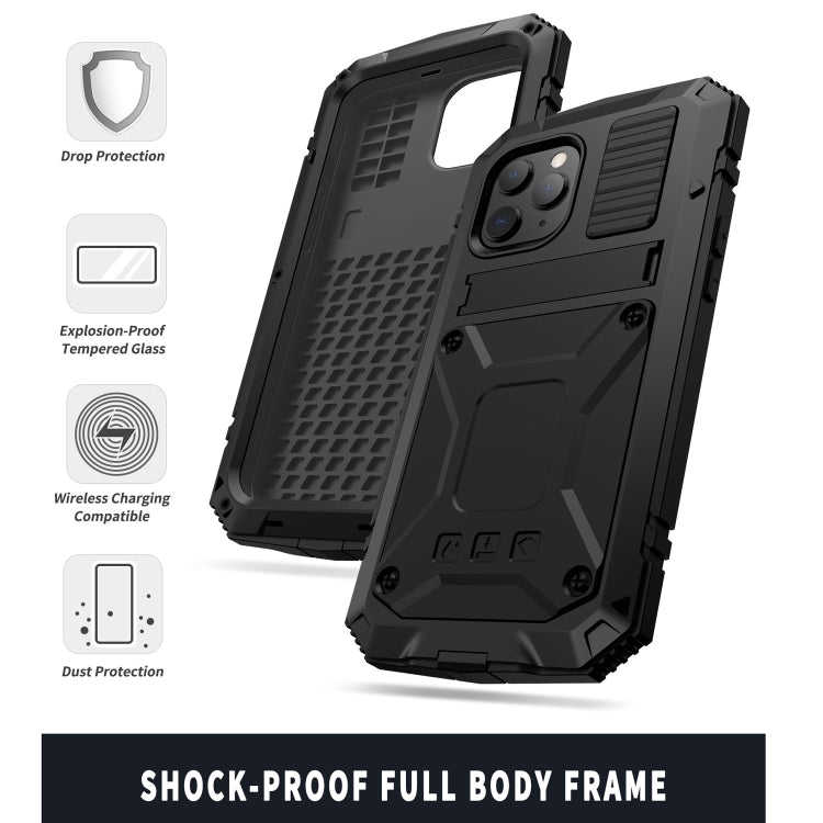 For iPhone 12 Pro Max R-JUST Shockproof Water-resistant Dust-proof Metal + Silicone Protective Case with Holder(Black)