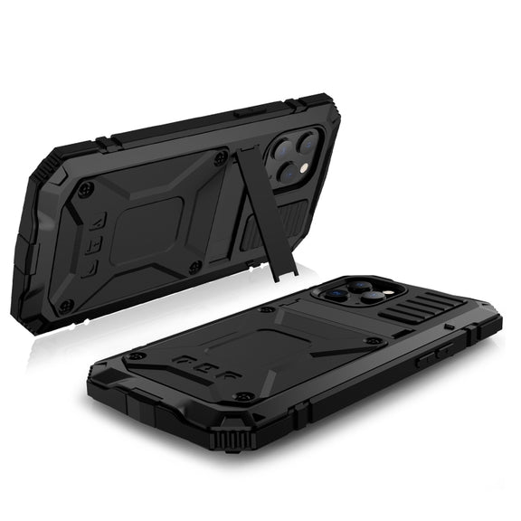 For iPhone 12 Pro Max R-JUST Shockproof Water-resistant Dust-proof Metal + Silicone Protective Case with Holder(Black)