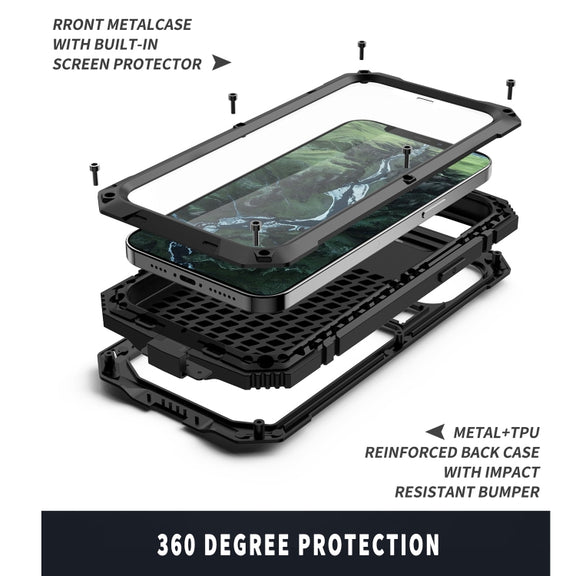 For iPhone 12 Pro Max R-JUST Shockproof Water-resistant Dust-proof Metal + Silicone Protective Case with Holder(Black)
