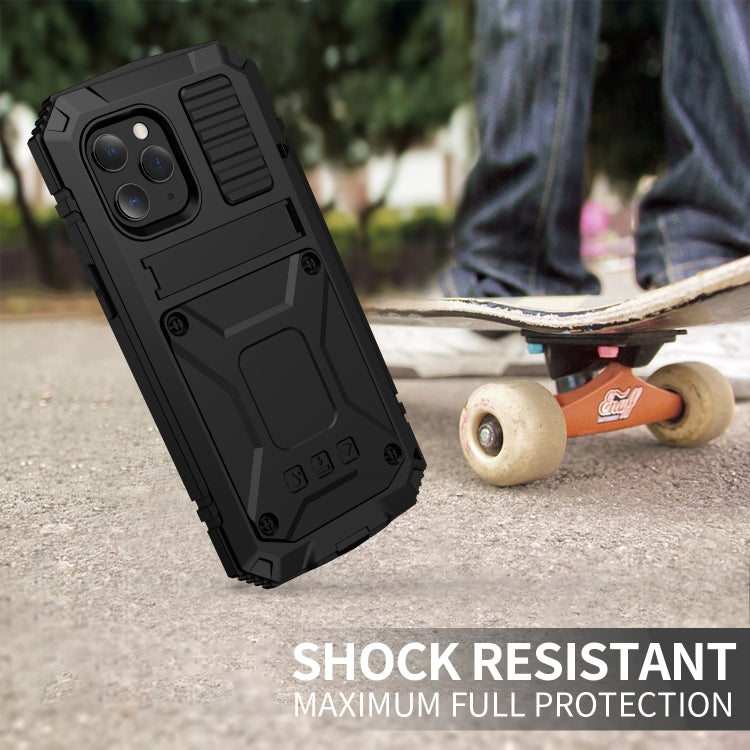 For iPhone 12 Pro Max R-JUST Shockproof Water-resistant Dust-proof Metal + Silicone Protective Case with Holder(Black)