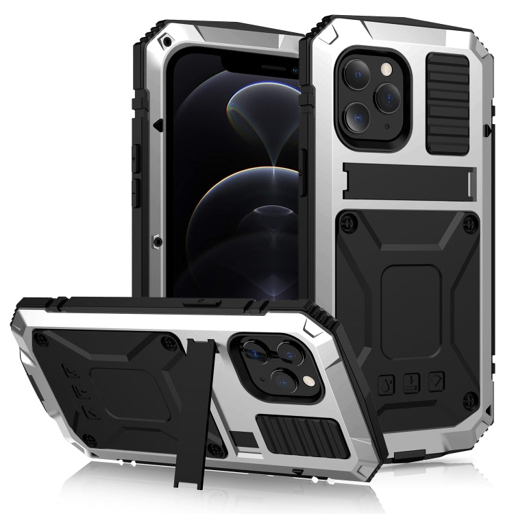 For iPhone 12 / 12 Pro R-JUST Shockproof Water-resistant Dust-proof Metal + Silicone Protective Case with Holder(Silver)