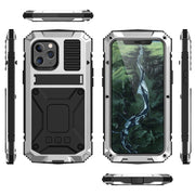 For iPhone 12 / 12 Pro R-JUST Shockproof Water-resistant Dust-proof Metal + Silicone Protective Case with Holder(Silver)