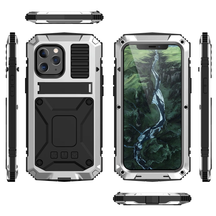 For iPhone 12 / 12 Pro R-JUST Shockproof Water-resistant Dust-proof Metal + Silicone Protective Case with Holder(Silver)