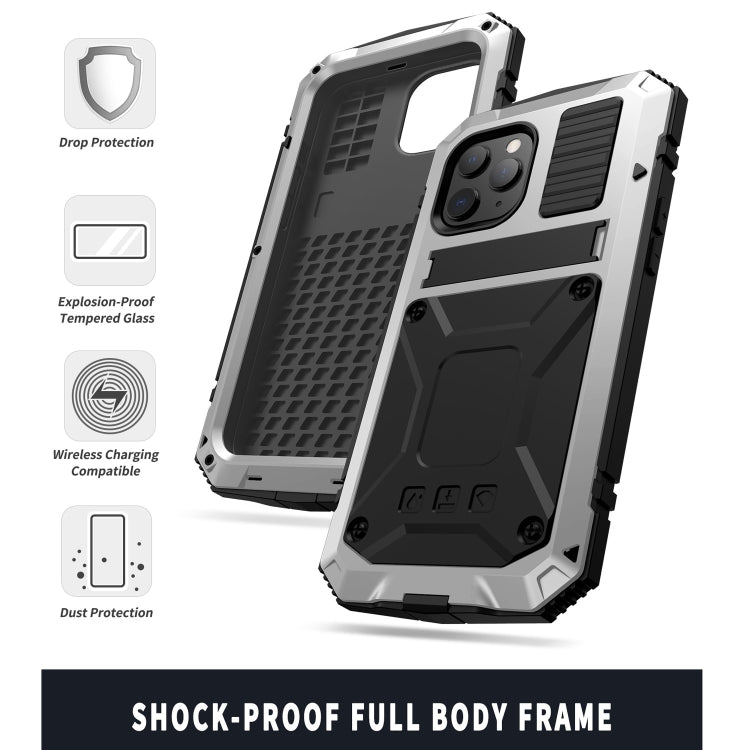 For iPhone 12 / 12 Pro R-JUST Shockproof Water-resistant Dust-proof Metal + Silicone Protective Case with Holder(Silver)
