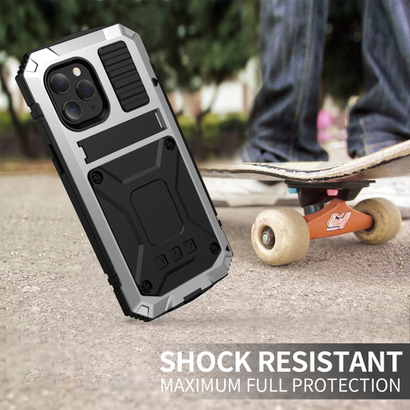 For iPhone 12 / 12 Pro R-JUST Shockproof Water-resistant Dust-proof Metal + Silicone Protective Case with Holder(Silver)