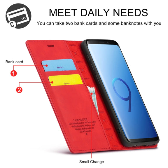 For Samsung Galaxy S9+ LC.IMEEKE Strong Magnetism Ultra-thin Horizontal Flip Shockproof Matte TPU + PU Leather Case with Holder & Card Slots & Wallet(Red)