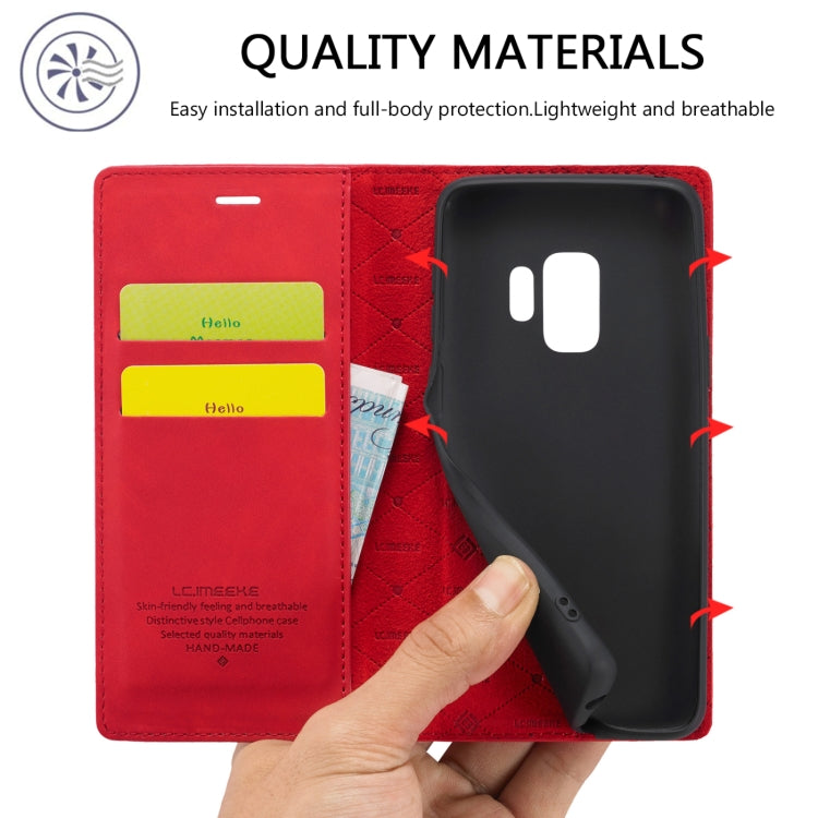 For Samsung Galaxy S9+ LC.IMEEKE Strong Magnetism Ultra-thin Horizontal Flip Shockproof Matte TPU + PU Leather Case with Holder & Card Slots & Wallet(Red)