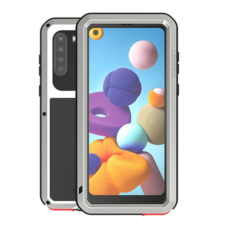 For Samsung Galaxy A21 (US Version) LOVE MEI Metal Shockproof Water-resistant Dustproof Protective Case with Glass(Silver)