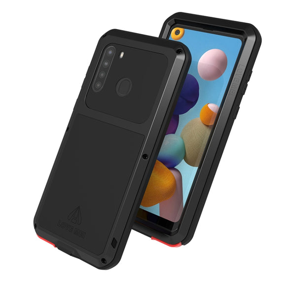 For Samsung Galaxy A21 (US Version) LOVE MEI Metal Shockproof Water-resistant Dustproof Protective Case with Glass(Silver)