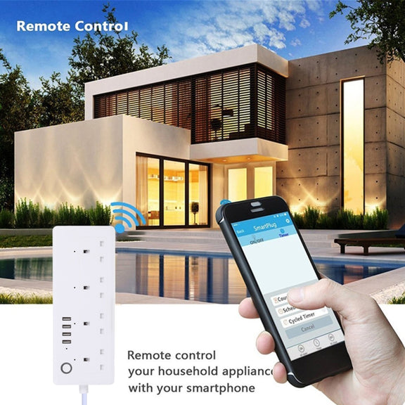 4 x USB Ports + 4 x UK Plug Jack 13A Max Output WiFi Remote Control Smart Power Socket Works with Alexa & Google Home, AC 100-240V, UK Plug