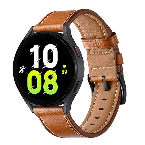 For Garmin Forerunner 265 / 255 / Vivoactive 4 / Venu 2 22mm Stitching Black Buckle Genuine Leather Watch Band (Brown)