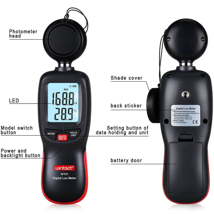 Wintact WT81 Digital Light Lux Meter for Factory / School / House Various Occasion, Range: 0-200,000 Lux (Black)