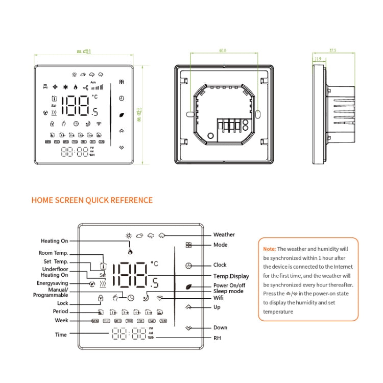 BHT-006GALW 95-240V AC 5A Smart Home Heating Thermostat for EU Box, Control Water Heating with Only Internal Sensor & WiFi Connection (White)