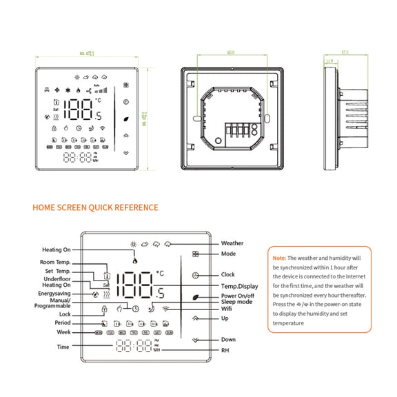 BHT-006GBLW 95-240V AC 16A Smart Home Heating Thermostat for EU Box, Control Electric Heating with Only Internal Sensor & External Sensor & WiFi Connection (White)