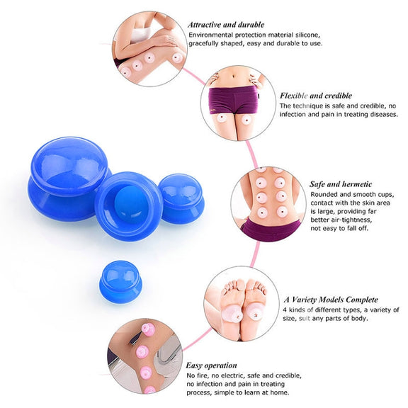 4 Cups / Set Health Care Body Massage Cupping Therapy Anti Cellulite Silicone Vacuum Cups(Blue)