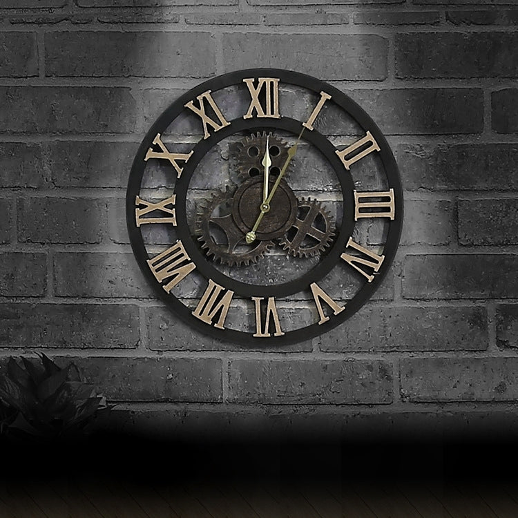 Originality American Industrial Style Wood Vintage Old Gear Wall Clock(Gold)