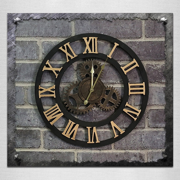 Originality American Industrial Style Wood Vintage Old Gear Wall Clock(Gold)