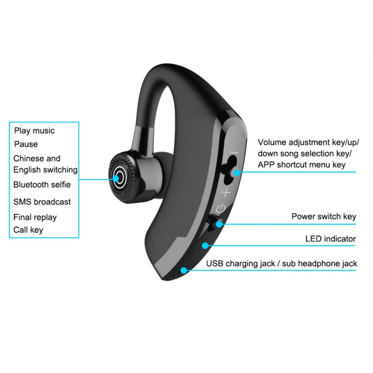 V9 Business Handsfree Wireless Bluetooth Headset CSR 4.1 with Mic for Driver Sport (Black)