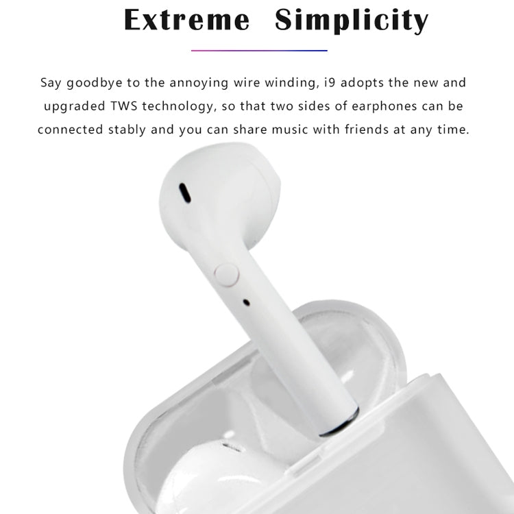i9 Wireless TWS Sport Bilateral Stereo Bluetooth 5.0 Headset with Charging Box, Push-button Version(White)