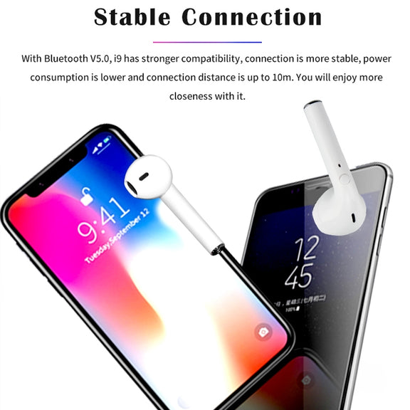 i9 Wireless TWS Sport Bilateral Stereo Bluetooth 5.0 Headset with Charging Box, Push-button Version(White)