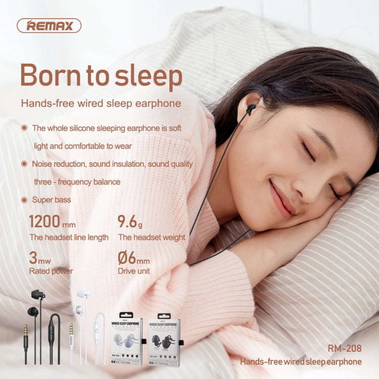 REMAX RM-208 In-Ear Stereo Sleep Earphone with Wire Control + MIC, Support Hands-free(White)