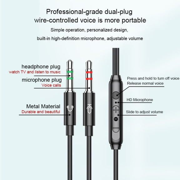 Langsdom V6 3.5mm Dual Plug Wired In-Ear Earphone with Microphone, Length: 2m (Black)