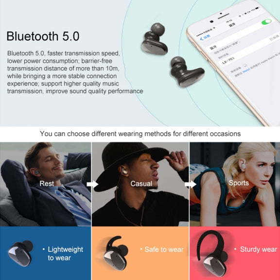 LE-703 Bluetooth 5.0 Water-resistant True Wireless Sports Bluetooth Earphone (White)